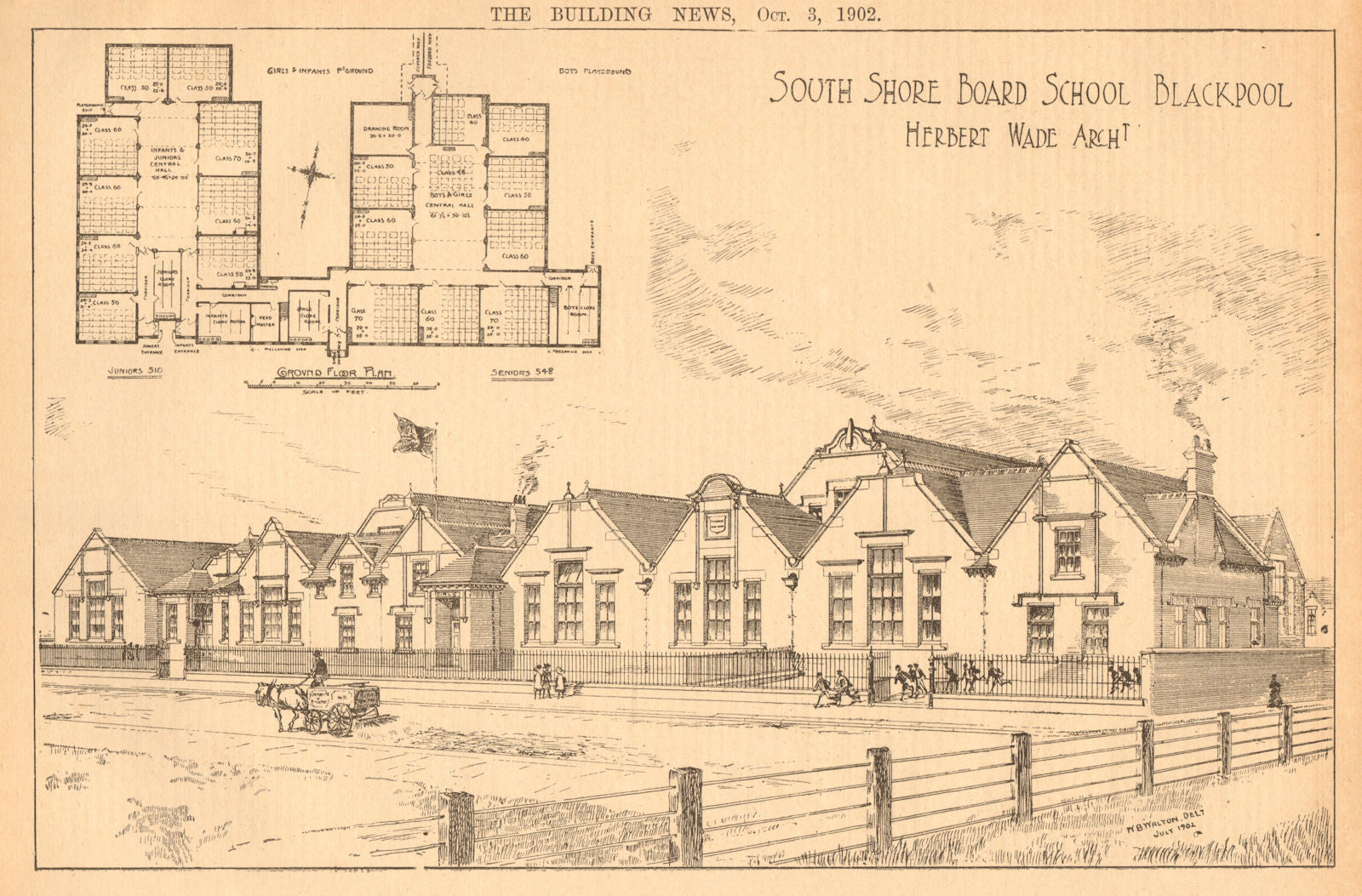 South Shore Board School Blackpool, Herbert Wade Archt. Plan 1902 old print